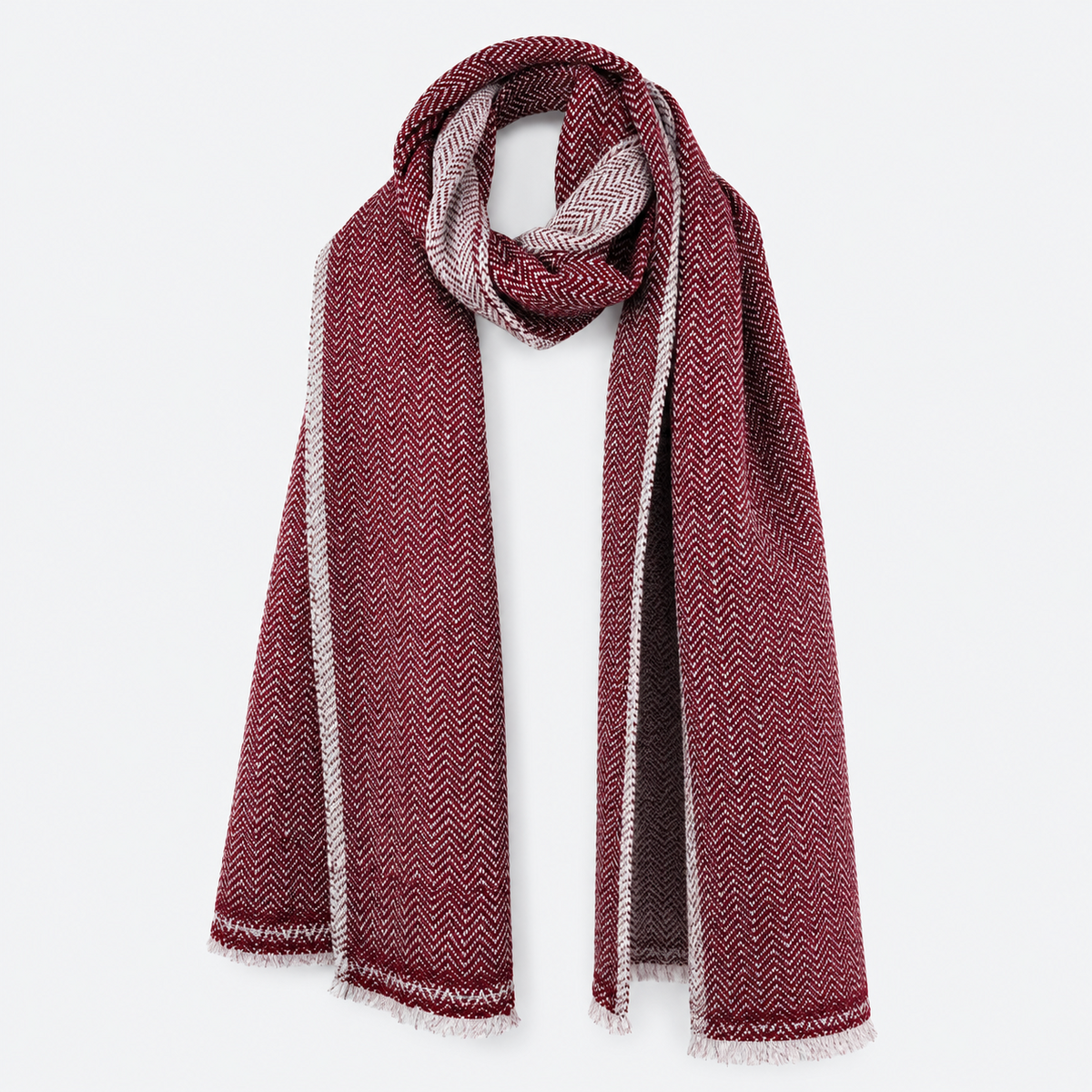 Burgundy and ivory herringbone scarf draped in loop
