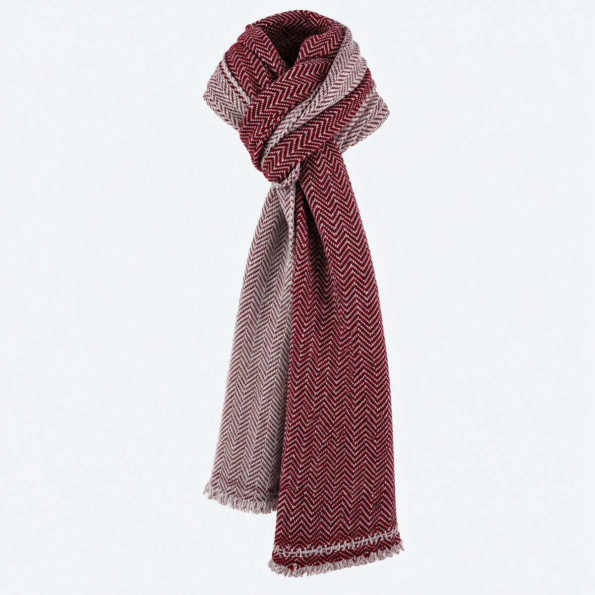 Burgundy and ivory herringbone scarf knotted