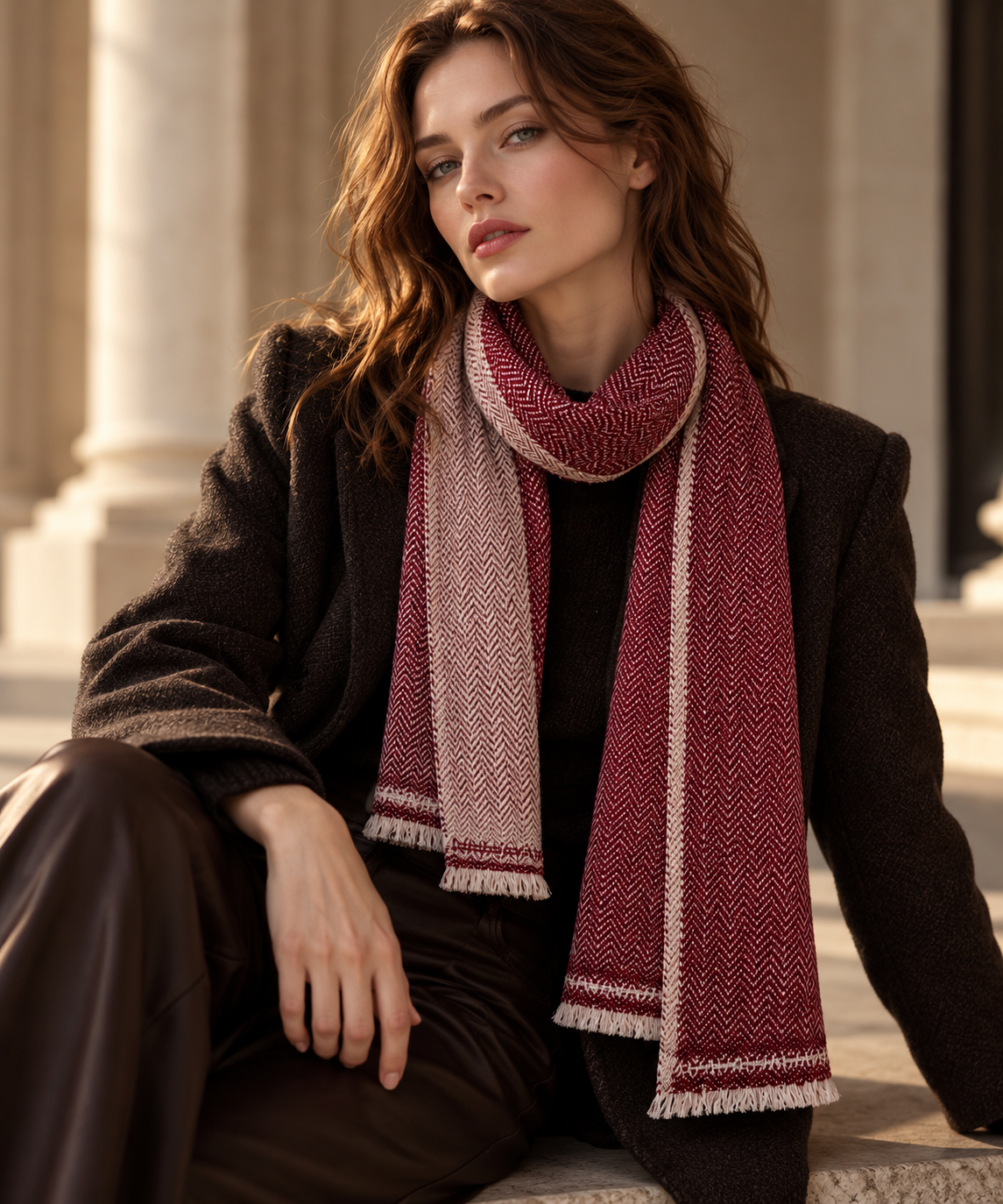 VILOS editorial model wearing burgundy herringbone scarf