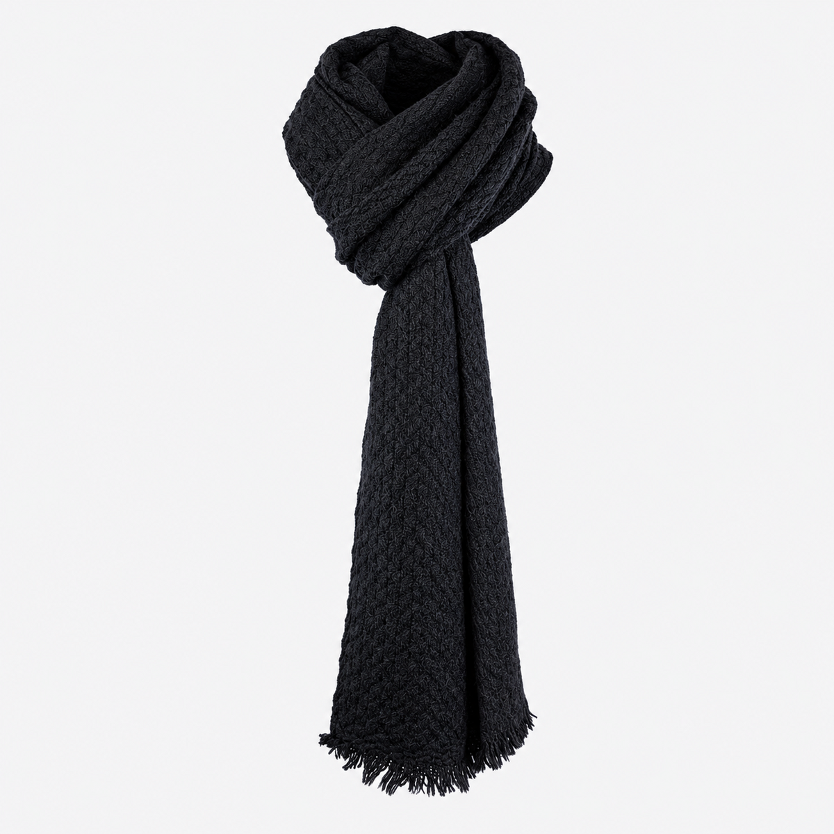 Charcoal scarf styled with front knot