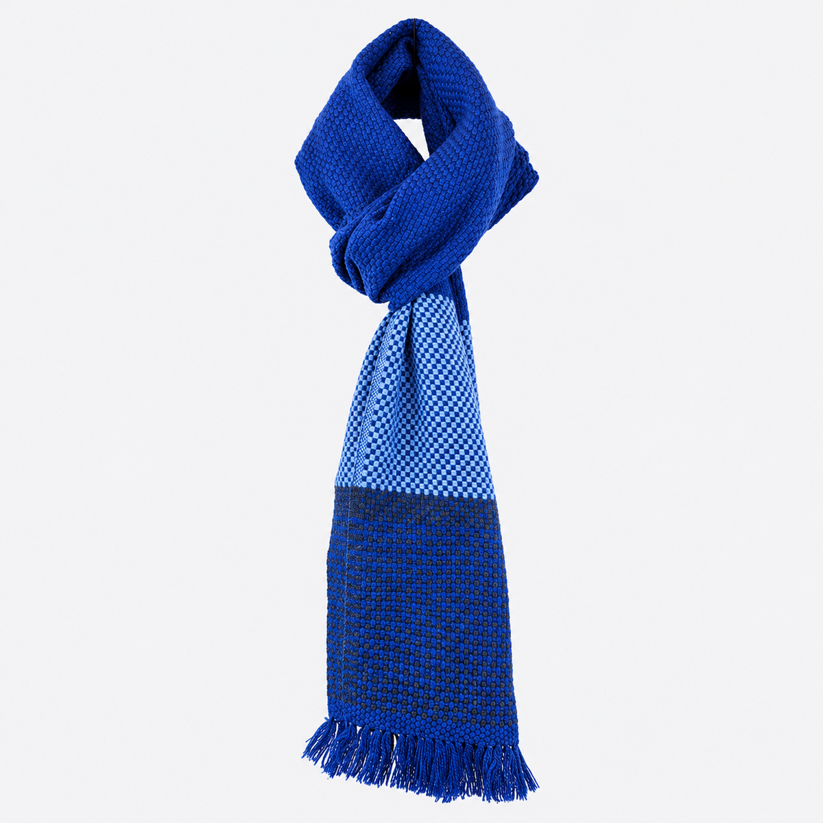 Cobalt blue colorblock scarf wrapped styling