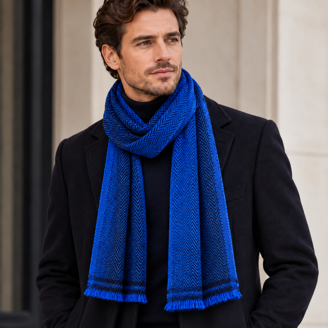 Cobalt herringbone scarf worn with dark tailored coat