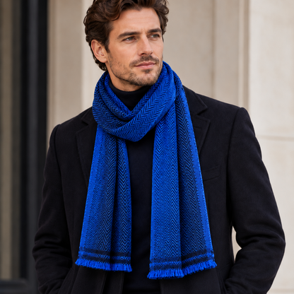 Cobalt herringbone scarf worn with dark tailored coat