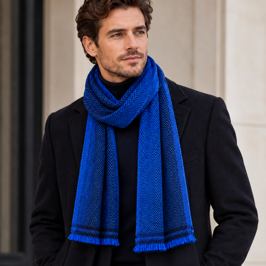 Cobalt herringbone scarf worn with dark tailored coat