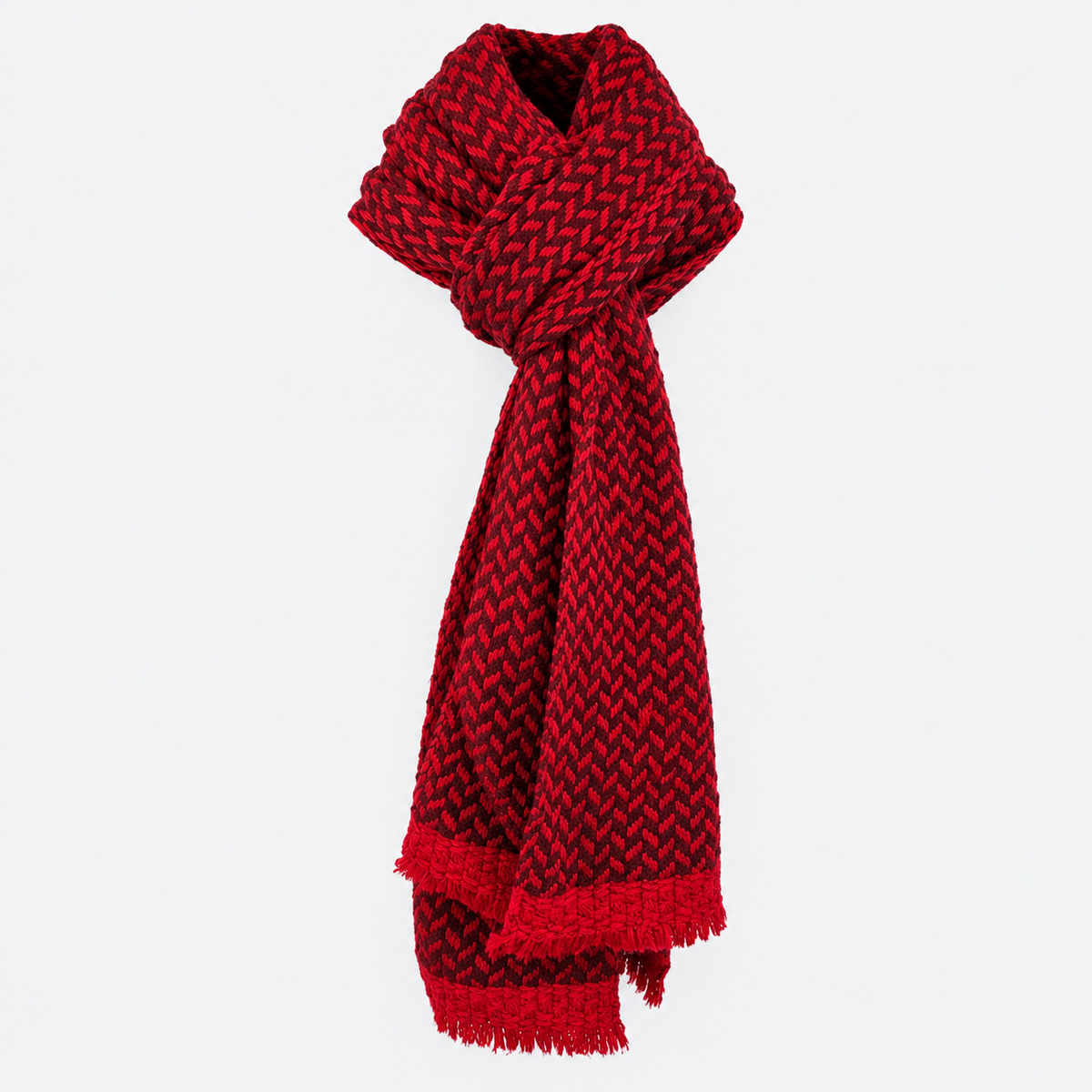 Crimson Chevron Cashmere Scarf styled in an elegant hanging drape