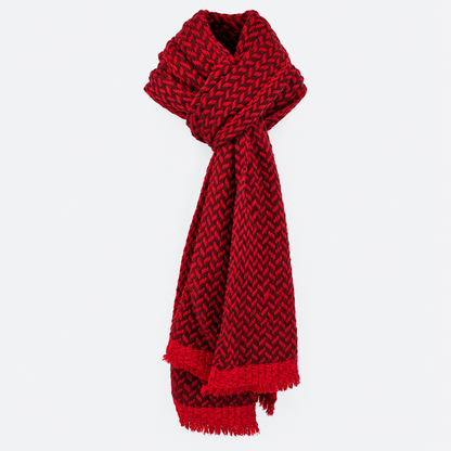 Crimson Chevron Cashmere Scarf styled in an elegant hanging drape