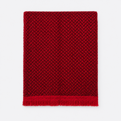 Crimson Chevron Cashmere Scarf editorial on sculptural lounge chair