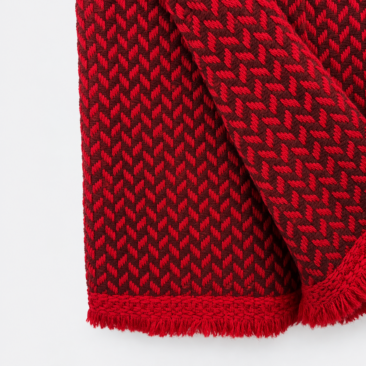 Crimson Chevron Cashmere Scarf folded textile view and fringe detail