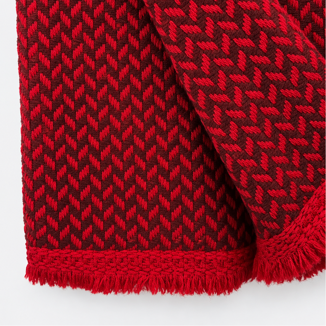 Crimson Chevron Cashmere Scarf folded textile view and fringe detail