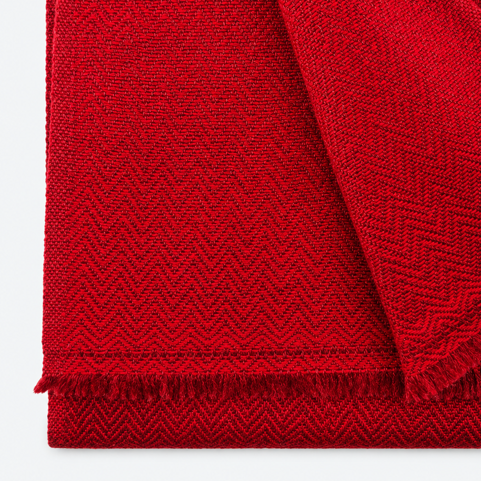 Crimson herringbone weave and fringe detail