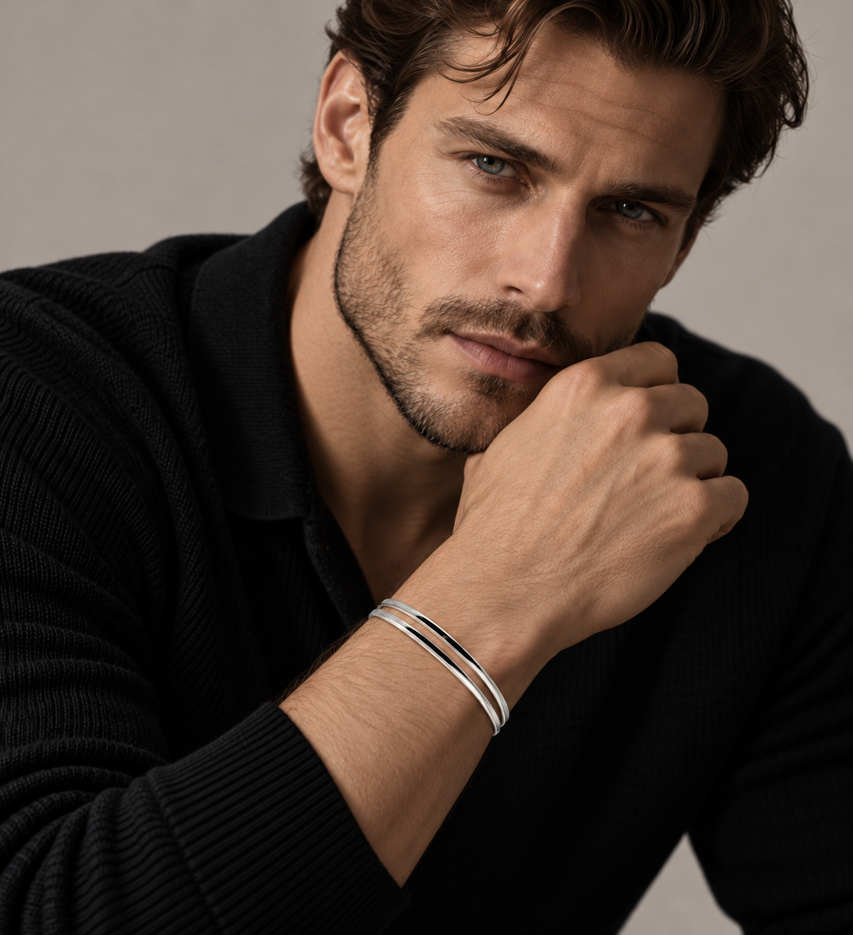Double-Band Cuff Bracelet worn on male model