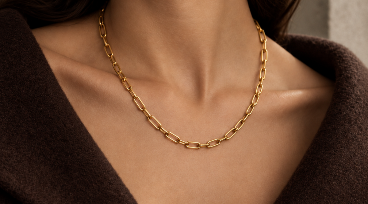 VILOS gold link necklace on model