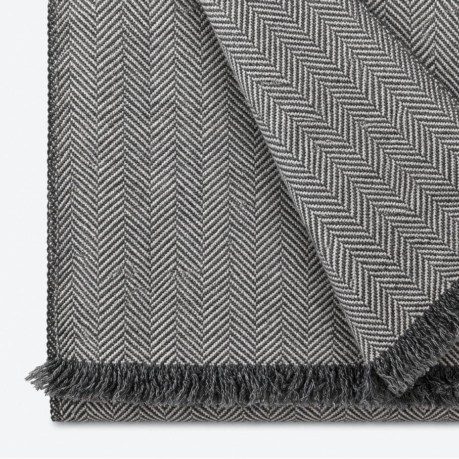 Gray herringbone scarf folded with fringe and contrasting weave