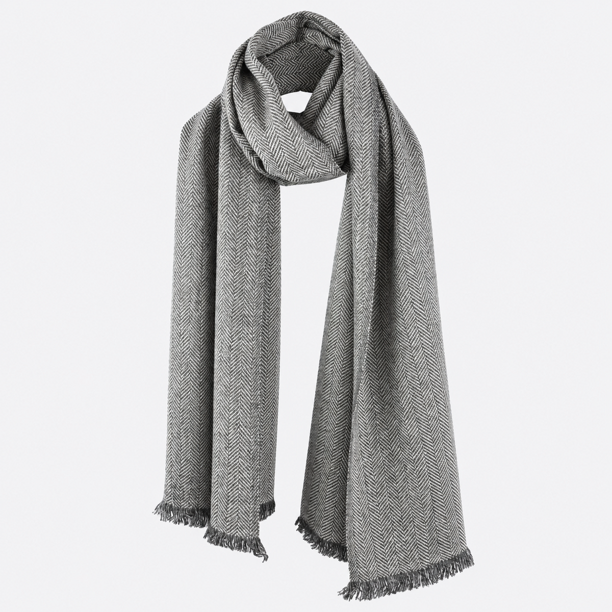 Gray herringbone scarf draped with fringed ends