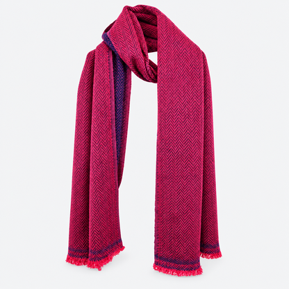 Magenta and navy herringbone scarf draped front view