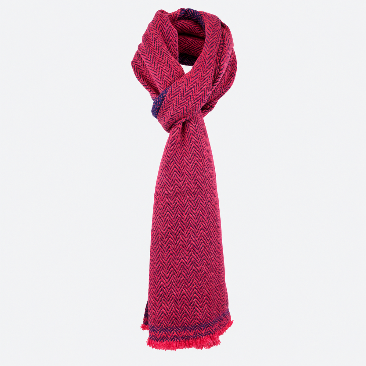 Magenta and navy herringbone scarf tied view