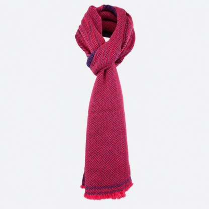 Magenta and navy herringbone scarf tied view