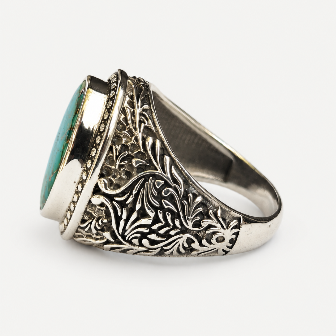 Matrix Turquoise Signet Ring silver filigree side profile