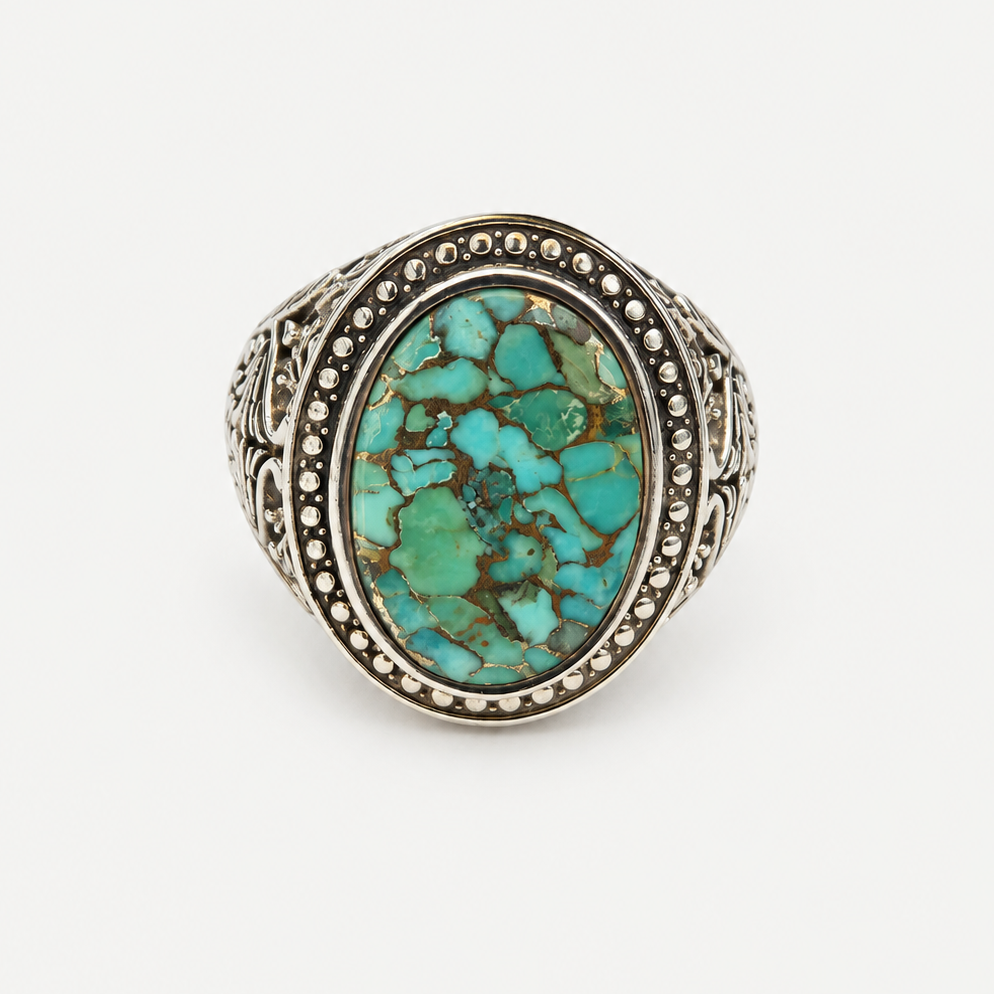 Matrix Turquoise Signet Ring oval gemstone front view