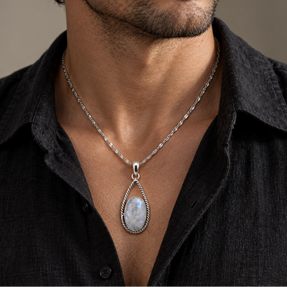 Moonstone teardrop pendant worn on male model