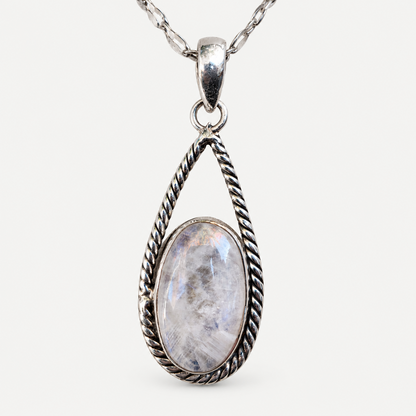 Sterling silver moonstone teardrop pendant close-up
