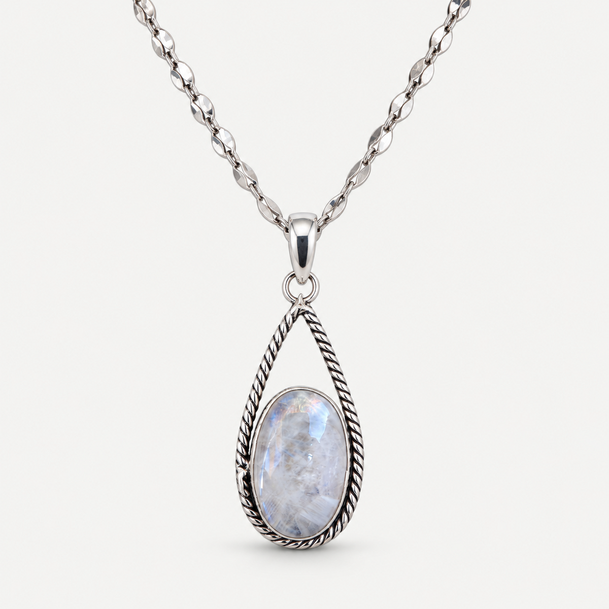 Moonstone teardrop silver necklace front view
