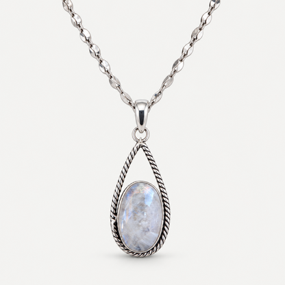 Moonstone teardrop silver necklace front view