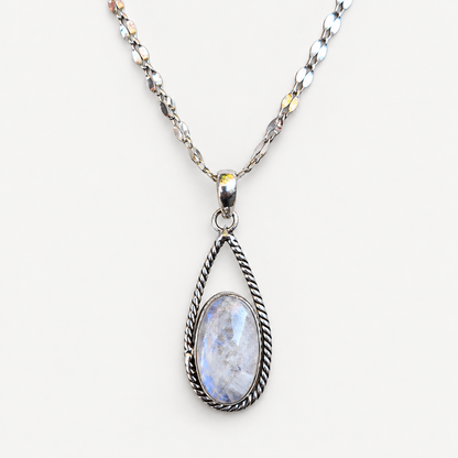 Moonstone teardrop pendant and chain product photograph