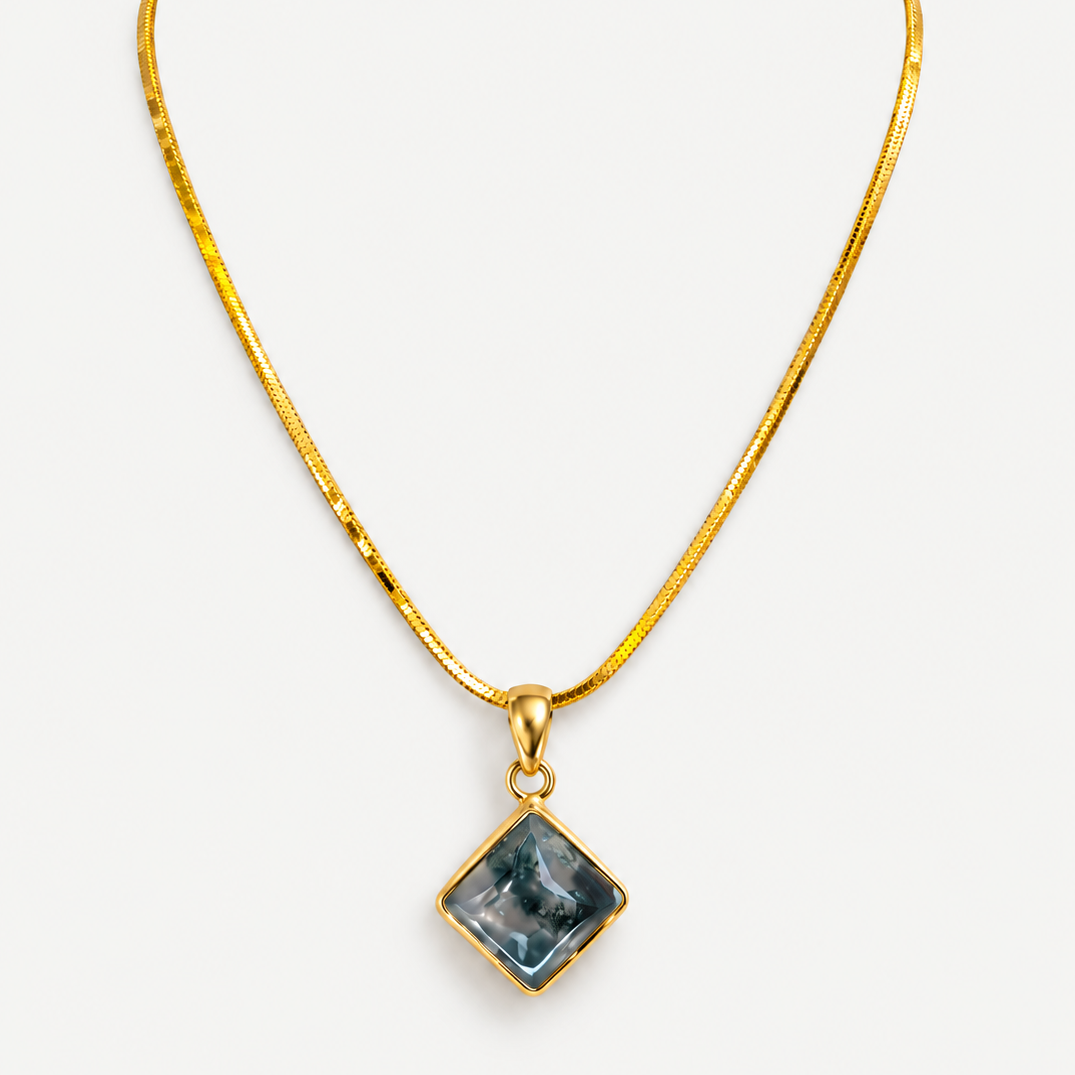 Moss Agate Pendant Necklace geometric blue-gray stone on gold chain