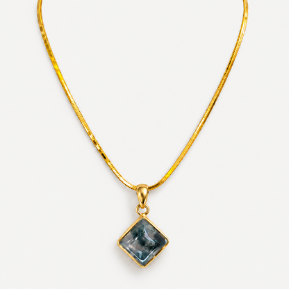 Moss Agate Pendant Necklace geometric blue-gray stone on gold chain