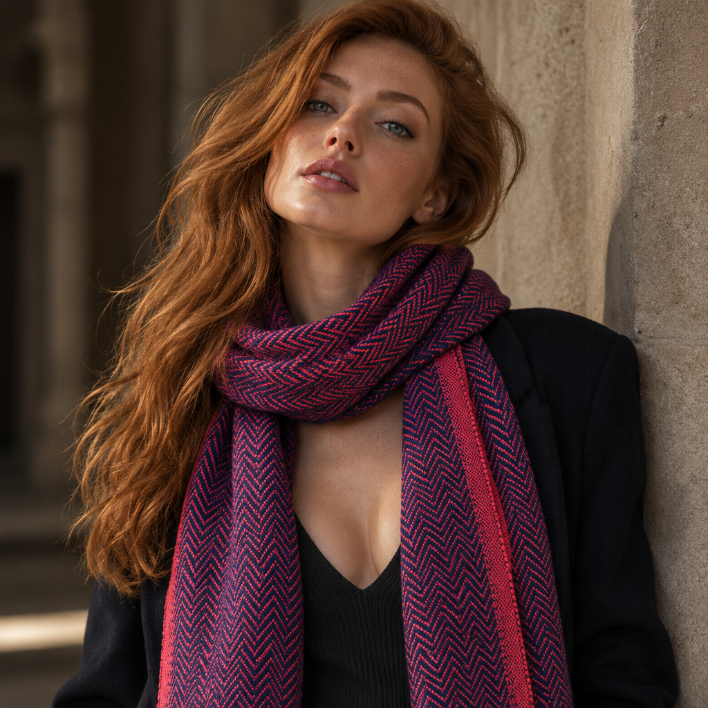 Model wearing navy and magenta herringbone scarf