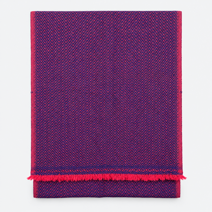 Folded navy and magenta herringbone scarf with fringe