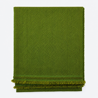Folded olive green herringbone scarf with fringe