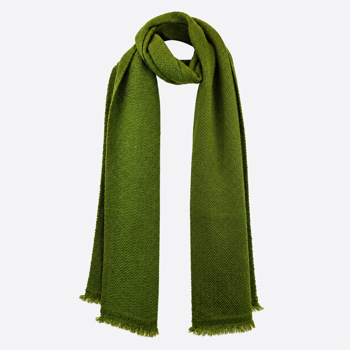 Olive herringbone scarf draped full length