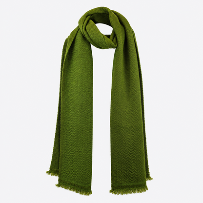 Olive herringbone scarf draped full length
