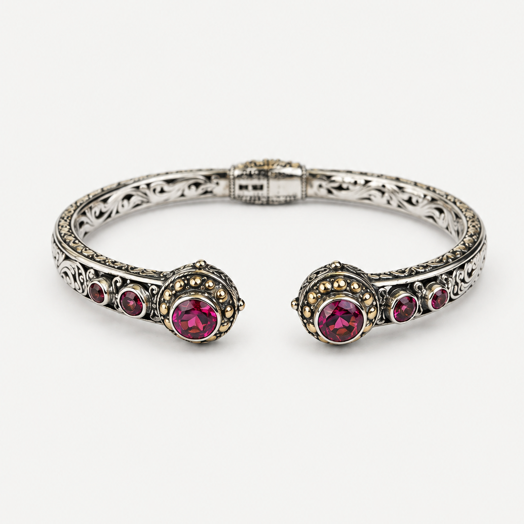 Ornate Pink Topaz Cuff Bracelet front view with pink-colored stones