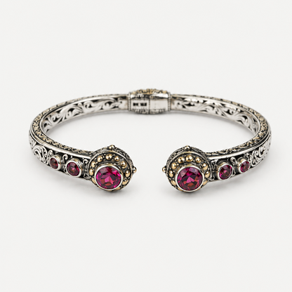 Ornate Pink Topaz Cuff Bracelet front view with pink-colored stones