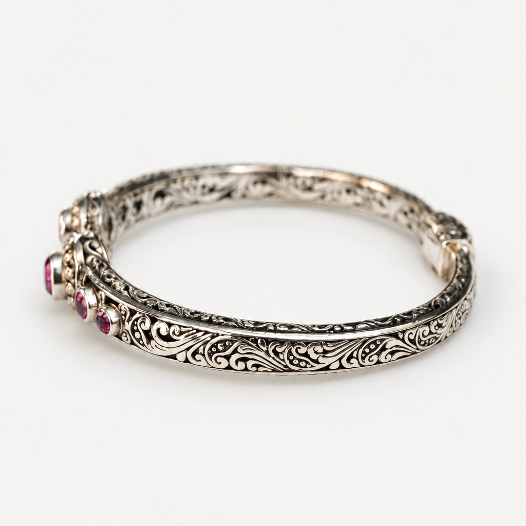 Ornate Pink Topaz Cuff Bracelet silver side detail