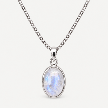 Oval moonstone pendant necklace close-up in polished sterling silver