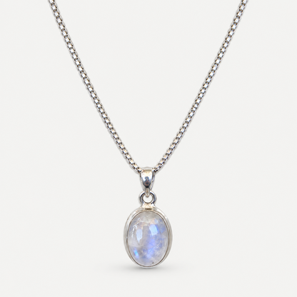 Oval moonstone bezel pendant with silver box chain