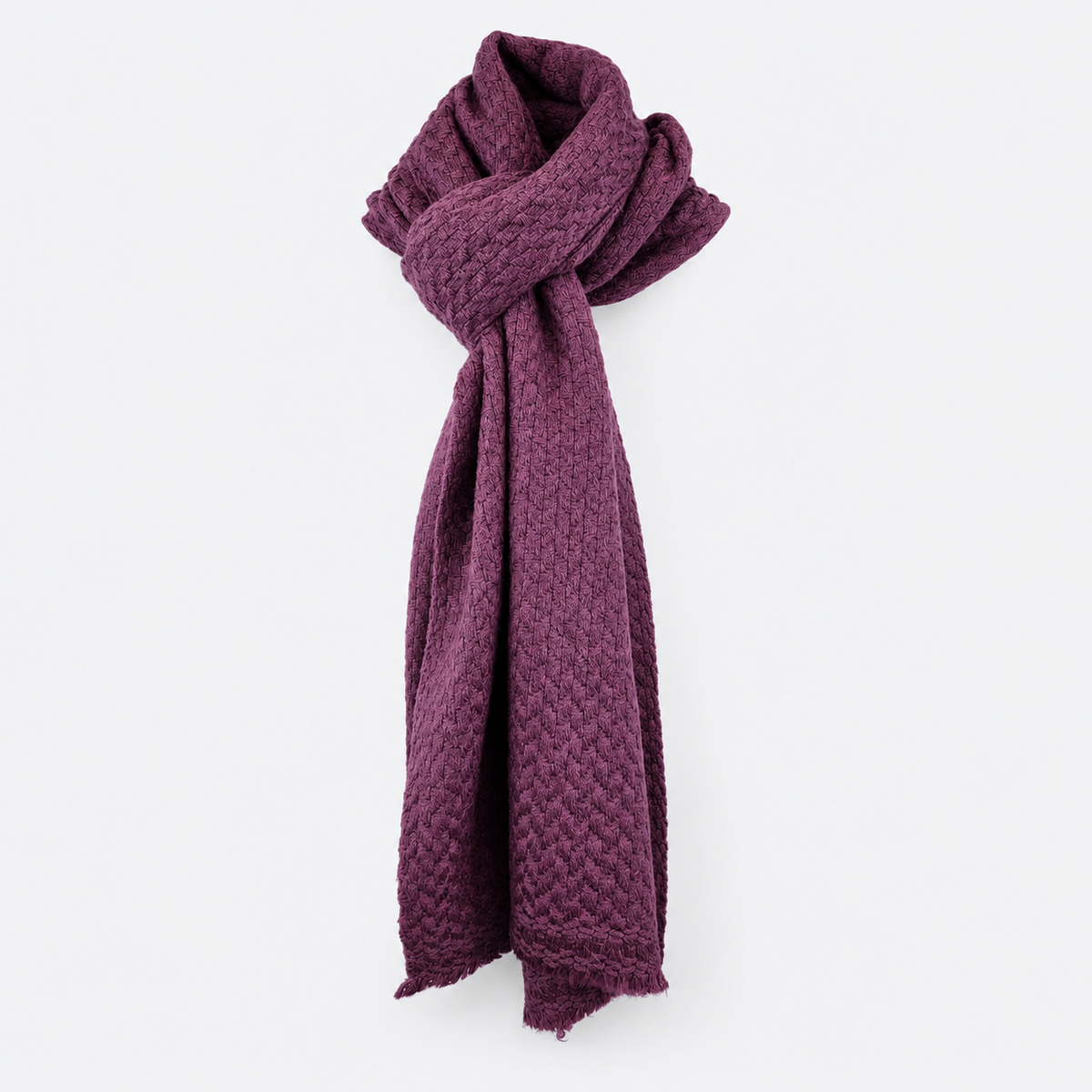 Plum textured scarf styled with a wrap knot