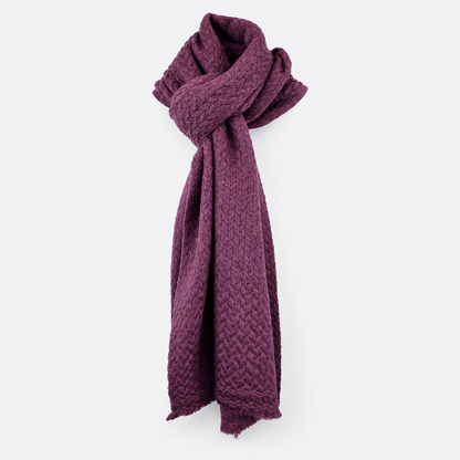 Plum textured scarf styled with a wrap knot