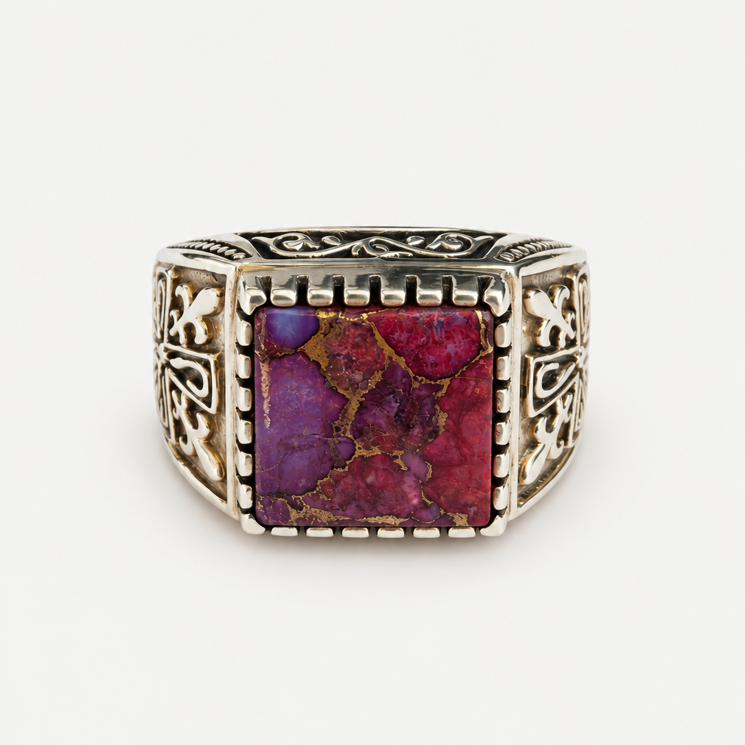 Purple Mojave Signet Ring front view showing purple stone and silver cross engravings