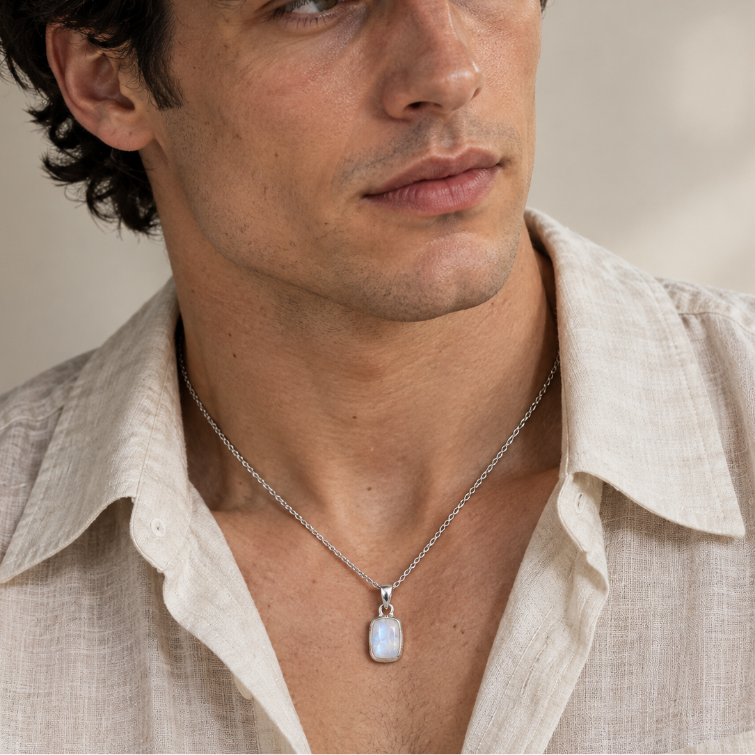 Rectangular moonstone pendant necklace worn with ivory shirt