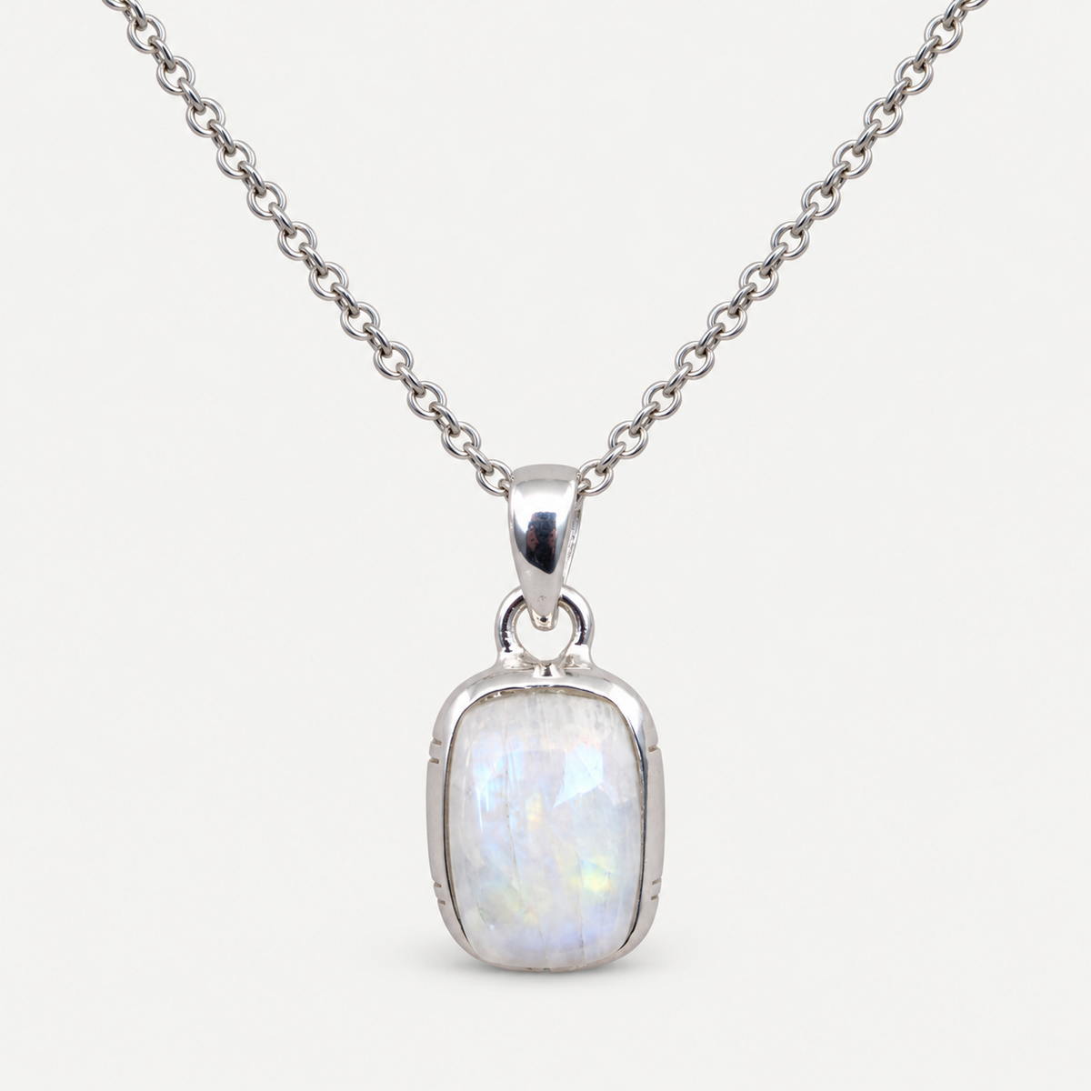 Rectangular moonstone pendant necklace silver chain front view