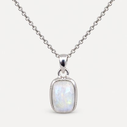 Rectangular moonstone pendant necklace silver chain front view