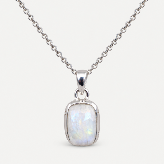 Rectangular moonstone pendant necklace silver chain front view