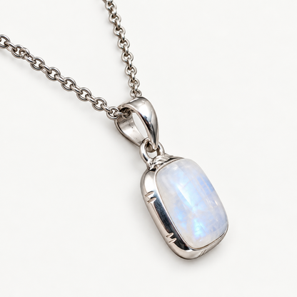 Rectangular moonstone pendant necklace angled detailed view