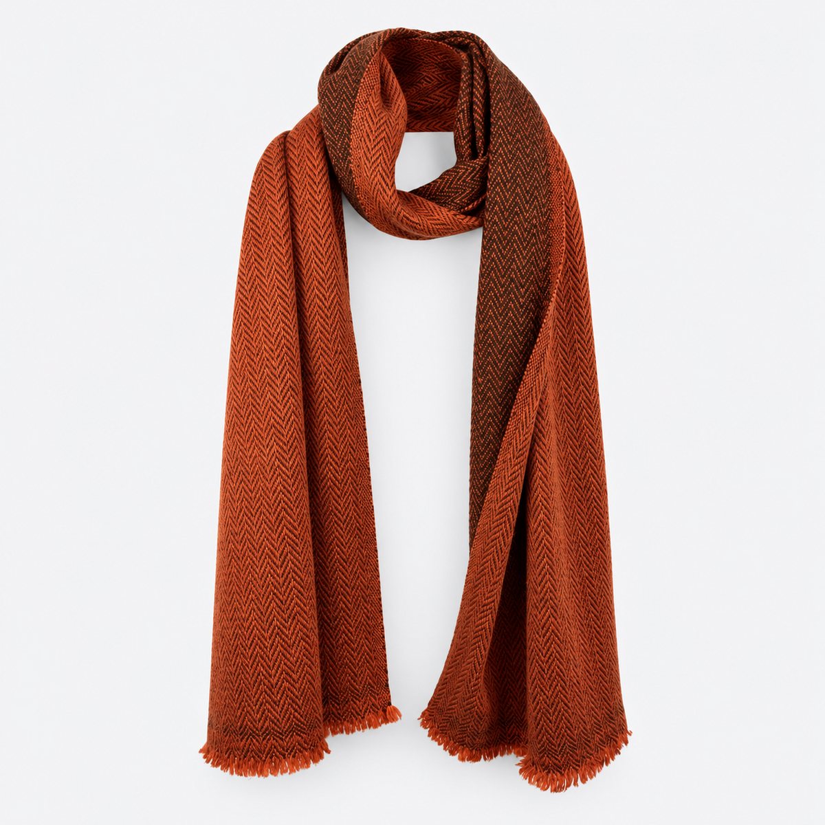 Rust Orange Herringbone Scarf hanging studio view
