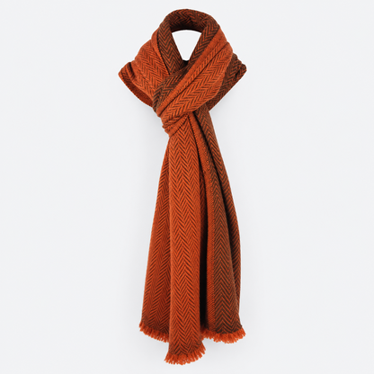 Rust Orange Herringbone Scarf tied studio view